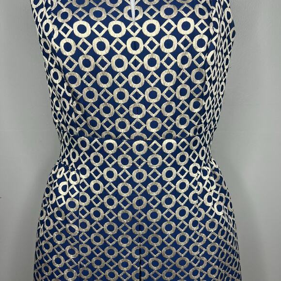Lauren Ralph Lauren Sz 4 Sleeveless Printed Knee Length Dress Navy Gold Metalic - Picture 3 of 13